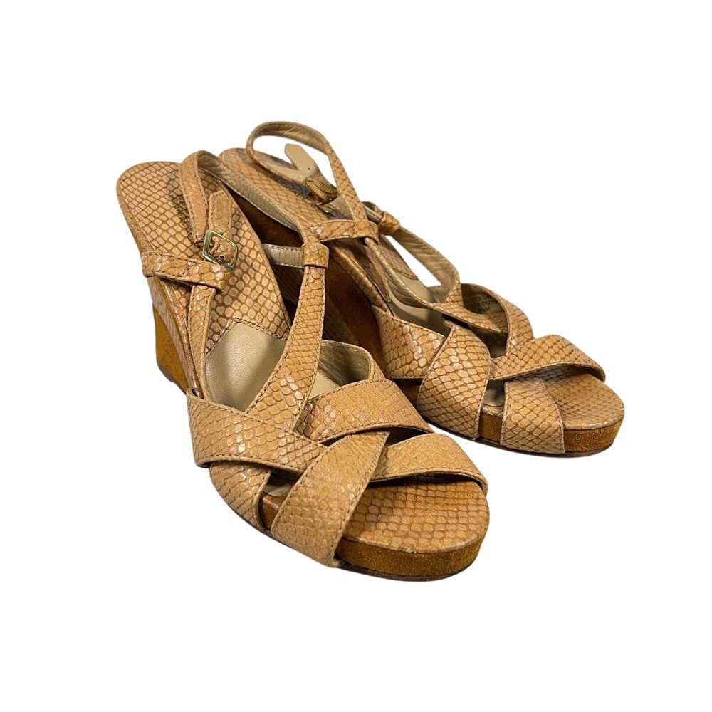 Michael Kors 9.5M Tan Snakeskin Embossed Leather Wedge Sandals